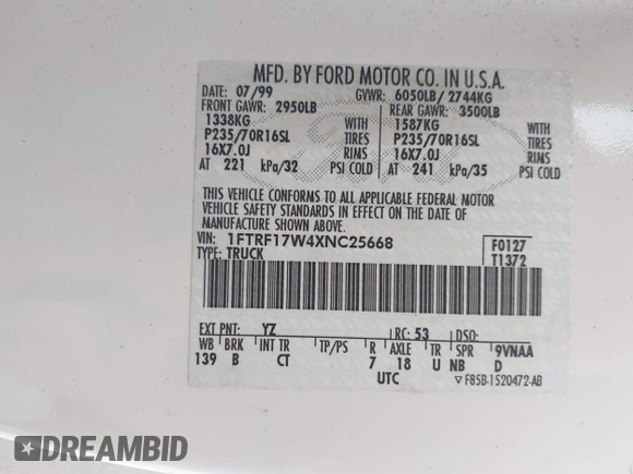 1999 Ford F-150 with VIN 1FTRF17W4XNC25668, listed as a IAAI auction lot 42731954 with 189,437 mi miles and . Bid and sale history available at DreamBid. Image 9.