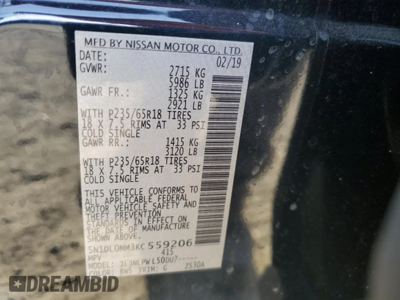 2019 Infiniti QX60 Pure с VIN 5N1DL0MM3KC559206, выставлен на аукционе Copart как лот 50775555 с пробегом 62 914 миль миль и Списание • Salvage title. История ставок и продаж доступна на DreamBid. Изображение 13.
