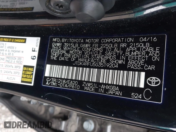 2016 Toyota Prius Four with VIN JTDKARFU5G3519204, listed as a IAAI auction lot 41312090 with 161,269 mi miles. Bid and sale history available at carsss.com. Image 9.