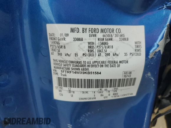 2009 Ford F-150 XL with VIN 1FTRF14WX9KB51584, listed as a Copart auction lot 65973012 with 169,766 mi miles and Salvage title. Bid and sale history available at DreamBid. Image 12.