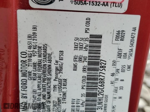 2011 Lincoln MKZ с VIN 3LNHL2GC6BR775827, выставлен на аукционе Copart как лот 55346005 с пробегом 145 373 миль миль и Списание • Salvage title. История ставок и продаж доступна на DreamBid. Изображение 12.