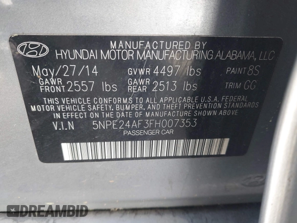 2015 Hyundai Sonata SE with VIN 5NPE24AF3FH007353, listed as a IAAI auction lot 42103884 with 214,828 mi miles and . Bid and sale history available at DreamBid. Image 9.