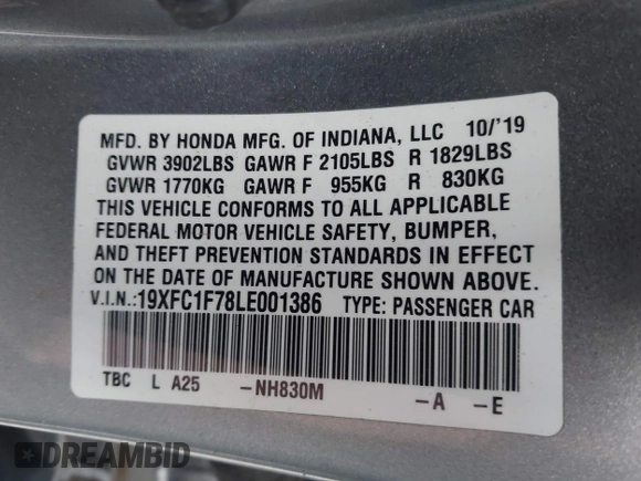 2020 Honda Civic EX-L with VIN 19XFC1F78LE001386, listed as a IAAI auction lot 41961560 with 115,745 mi miles and . Bid and sale history available at DreamBid. Image 9.