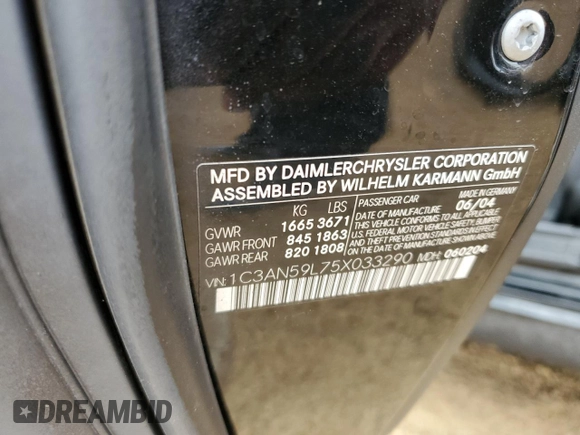 2005 Chrysler Crossfire z VIN 1C3AN59L75X033290, wystawiony jako Copart lot #83530624 z przebiegiem Nie podano mil oraz Czysty tytuł • Clean title. Historia ofert i sprzedaży dostępna na DreamBid. Obrazek 12.