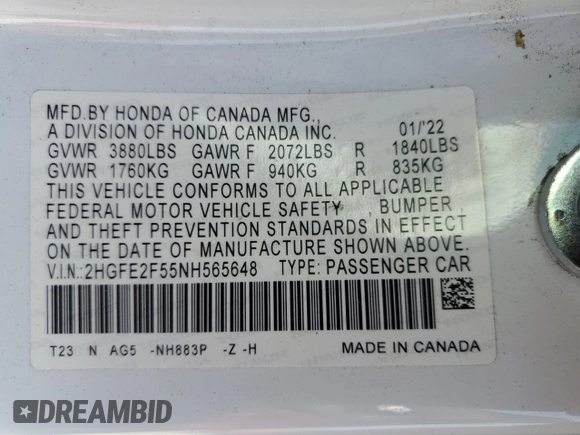 2022 Honda Civic Sport with VIN 2HGFE2F55NH565648, listed as a Copart auction lot 46843445 with 69,730 mi miles and Salvage Title. Bid and sale history available at carsss.com. Image 14.