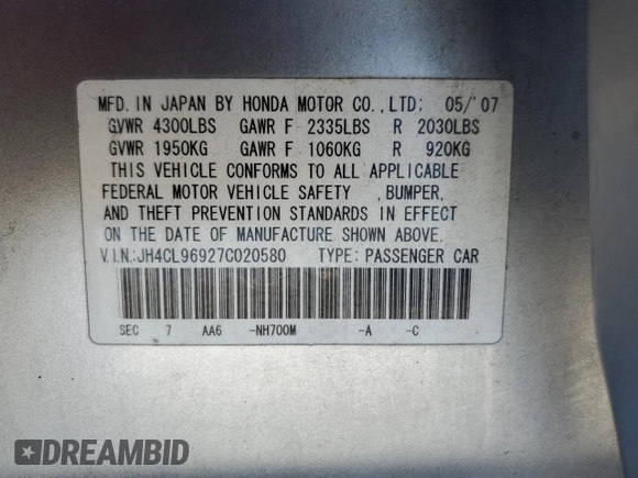 2007 Acura TSX Navi with VIN JH4CL96927C020580, listed as a Copart auction lot 58864535 with 167,172 mi miles and Salvage title. Bid and sale history available at DreamBid. Image 12.
