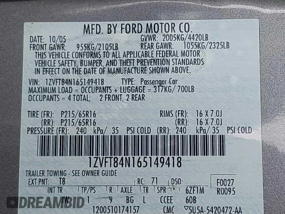 2006 Ford Mustang Standard with VIN 1ZVFT84N165149418, listed as a IAAI auction lot 41752120 with 131,177 mi miles and . Bid and sale history available at carsss.com. Image 9.