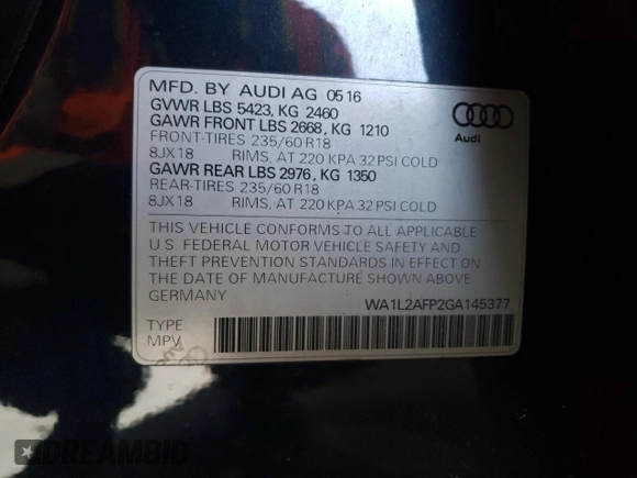 2016 Audi Q5 Premium Plus with VIN WA1L2AFP2GA145377, listed as a Copart auction lot 45722265 with 91,285 mi miles and Salvage Title. Bid and sale history available at carsss.com. Image 13.