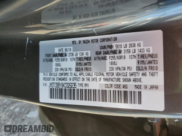 2019 Mazda CX-9 Sport with VIN JM3TCBBY8K0329235, listed as a Copart auction lot 83814274 with 48,762 mi miles and Salvage Title. Bid and sale history available at DreamBid. Image 14.