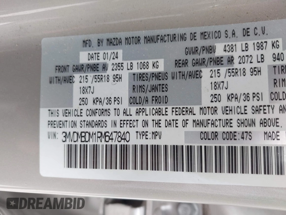 2024 Mazda CX-30 S Premium with VIN 3MVDMBDM1RM647840, listed as a IAAI auction lot 41724670 with 14,796 mi miles and . Bid and sale history available at DreamBid. Image 9.