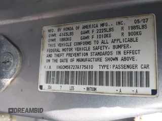 2007 Honda Accord EX с VIN 1HGCM56727A175410, выставлен на аукционе IAAI как лот 42195867 с пробегом 278 960 миль миль и . История ставок и продаж доступна на DreamBid. Изображение 9.