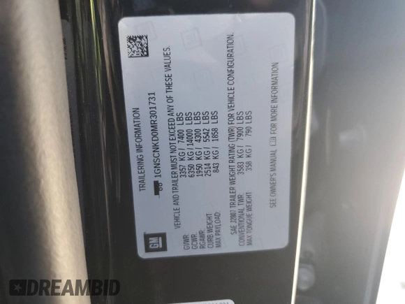 2021 Chevrolet Tahoe LT z VIN 1GNSCNKD0MR301731, wystawiony jako Copart lot #48747715 z przebiegiem 51 991 mil mil oraz Szkoda całkowita • Salvage title. Historia ofert i sprzedaży dostępna na DreamBid. Obrazek 13.