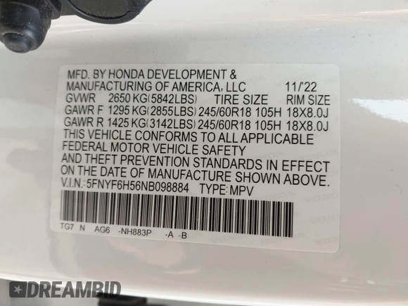 2022 Honda Pilot EX-L с VIN 5FNYF6H56NB098884, выставлен на аукционе IAAI как лот 41924421 с пробегом 68 868 миль миль и . История ставок и продаж доступна на DreamBid. Изображение 9.
