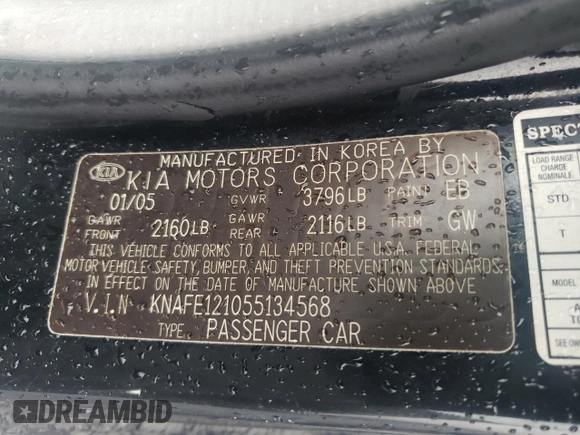 2005 Kia Spectra LX with VIN KNAFE121055134568, listed as a Copart auction lot 71541244 with 146,751 mi miles and Salvage Title. Bid and sale history available at carsss.com. Image 14.