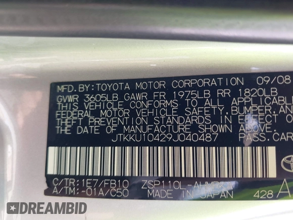 2009 Scion xD with VIN JTKKU10429J040487, listed as a IAAI auction lot 42091101 with 155,912 mi miles and . Bid and sale history available at DreamBid. Image 9.