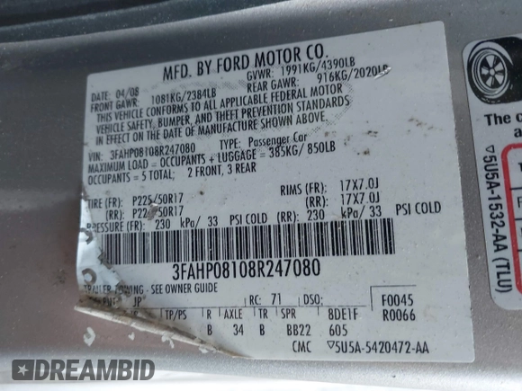 2008 Ford Fusion SEL with VIN 3FAHP08108R247080, listed as a IAAI auction lot 42015038 with 202,843 mi miles. Bid and sale history available at carsss.com. Image 9.