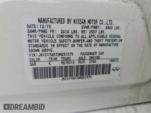 2016 Infiniti Q50 Premium with VIN JN1CV7AR7GM251575, listed as a Copart auction lot 55110115 with 238,751 mi miles and Salvage Title. Bid and sale history available at DreamBid. Image 12.
