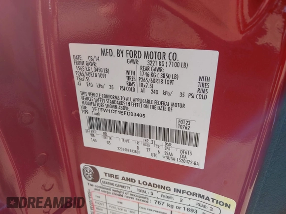 2014 Ford F-150 XL with VIN 1FTFW1CF1EFD03405, listed as a IAAI auction lot 41511583 with 166,636 mi miles. Bid and sale history available at carsss.com. Image 9.