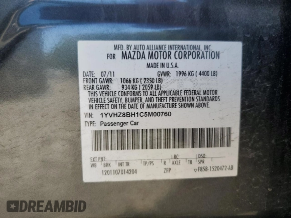 2012 Mazda 6 i Sport with VIN 1YVHZ8BH1C5M00760, listed as a Copart auction lot 54934565 with 180,726 mi miles and Salvage Title. Bid and sale history available at DreamBid. Image 12.