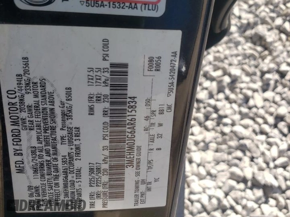 2010 Mercury Milan Premier z VIN 3MEHM0JG6AR615834, wystawiony jako Copart lot #53944795 z przebiegiem 123 436 mil mil oraz Szkoda całkowita • Salvage title. Historia ofert i sprzedaży dostępna na DreamBid. Obrazek 12.
