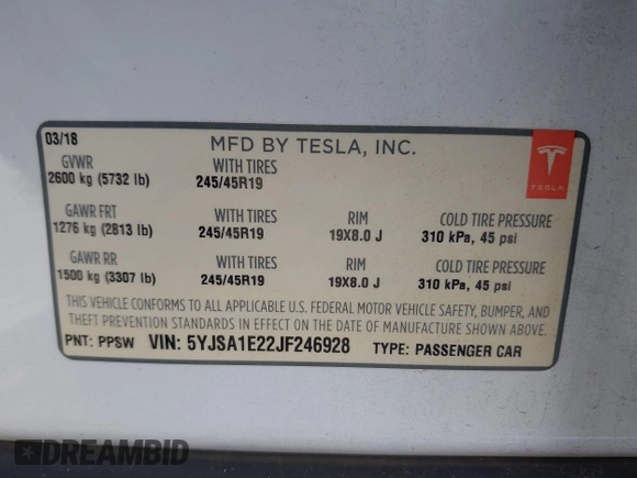 2018 Tesla Model S 75D with VIN 5YJSA1E22JF246928, listed as a IAAI auction lot 41869364 with 100,067 mi miles and . Bid and sale history available at DreamBid. Image 9.