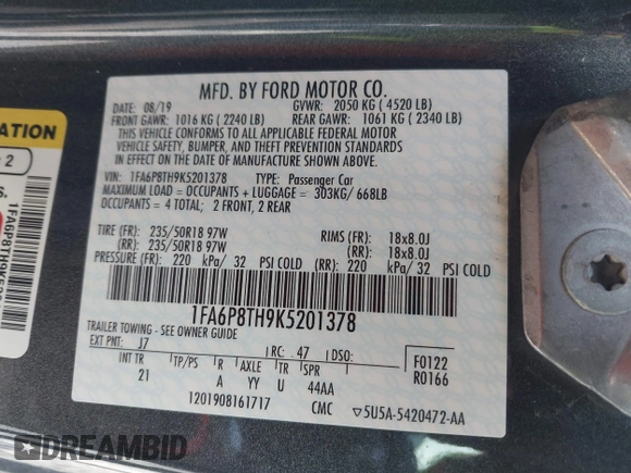 2019 Ford Mustang EcoBoost с VIN 1FA6P8TH9K5201378, выставлен на аукционе IAAI как лот 41975711 с пробегом 46 945 миль миль и . История ставок и продаж доступна на DreamBid. Изображение 9.