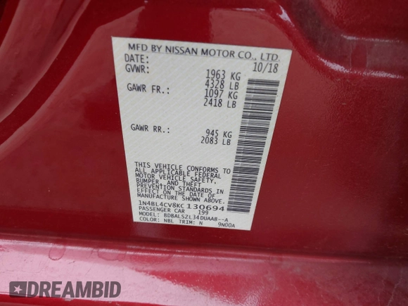 2019 Nissan Altima 2.5 SR with VIN 1N4BL4CV8KC130694, listed as a IAAI auction lot 41470674 with 44,827 mi miles. Bid and sale history available at carsss.com. Image 9.