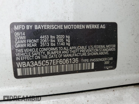2014 BMW 3 Series 328i z VIN WBA3A5C57EF606136, wystawiony jako Copart lot #58500615 z przebiegiem Nie podano mil oraz Szkoda całkowita • Salvage title. Historia ofert i sprzedaży dostępna na DreamBid. Obrazek 12.