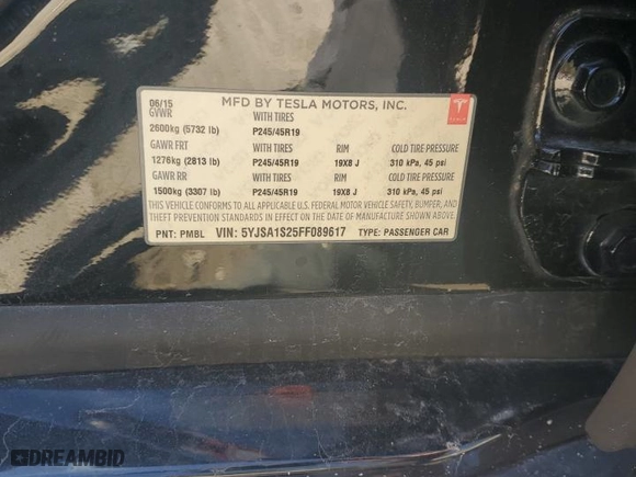 2015 Tesla Model S 85D with VIN 5YJSA1S25FF089617, listed as a Copart auction lot 46180305 with 138636 miles and Salvage Title. Bid and sale history available at carsss.com. Image 12.