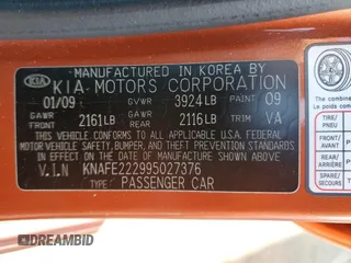 2009 Kia Spectra EX with VIN KNAFE222995027376, listed as a Copart auction lot 52406025 with 73,692 mi miles and Salvage Title. Bid and sale history available at DreamBid. Image 12.