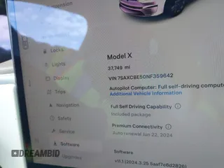 2022 Tesla Model X with VIN 7SAXCBE50NF359642, listed as a IAAI auction lot 41208766 with 37,749 mi miles. Bid and sale history available at carsss.com. Image 7.