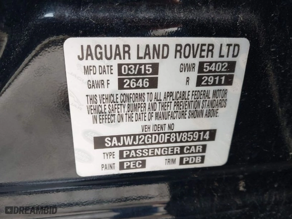 2015 Jaguar XJ with VIN SAJWJ2GD0F8V85914, listed as a IAAI auction lot 41615059 with 115,462 mi miles. Bid and sale history available at carsss.com. Image 9.