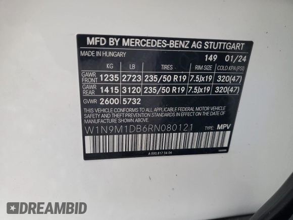 2024 Mercedes-Benz EQB 350 z VIN W1N9M1DB6RN080121, wystawiony jako Copart lot #83572054 z przebiegiem Nie podano mil oraz Nie do naprawy • Non repairable. Historia ofert i sprzedaży dostępna na DreamBid. Obrazek 14.