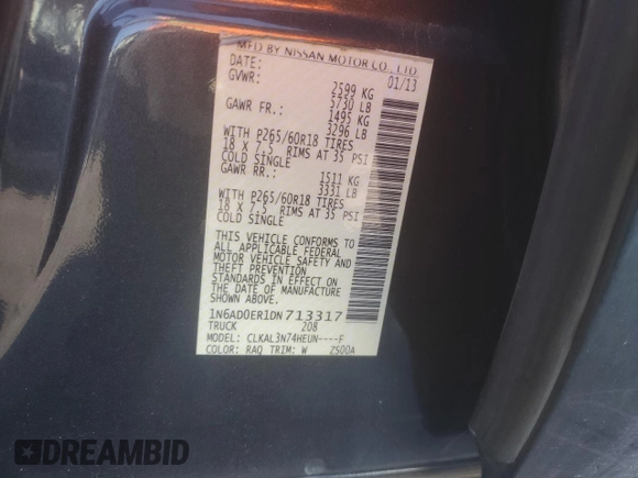 2013 Nissan Frontier SL z VIN 1N6AD0ER1DN713317, wystawiony jako Copart lot #83015744 z przebiegiem 193 820 mil mil oraz Szkoda całkowita • Salvage title. Historia ofert i sprzedaży dostępna na DreamBid. Obrazek 12.