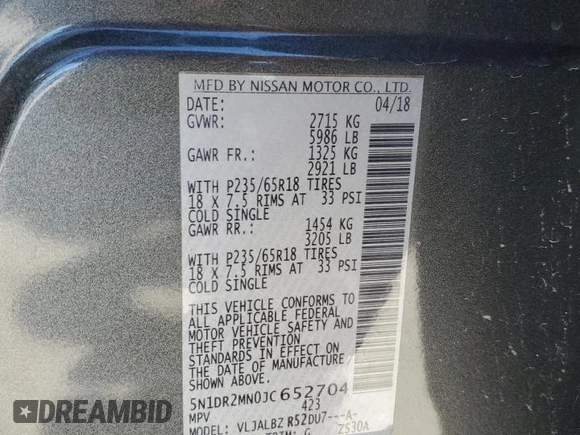 2018 Nissan Pathfinder S with VIN 5N1DR2MN0JC652704, listed as a Copart auction lot 47430255 with 169,306 mi miles and Clean Title. Bid and sale history available at carsss.com. Image 13.