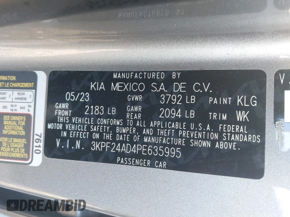 2023 Kia Forte LXS with VIN 3KPF24AD4PE635995, listed as a IAAI auction lot 41066706 with 61,619 mi miles and . Bid and sale history available at DreamBid. Image 9.