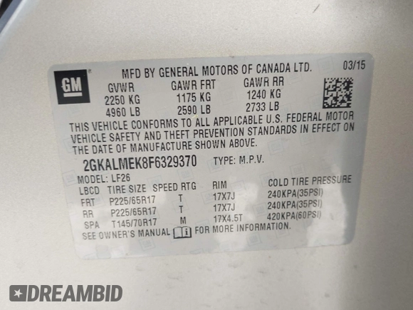 2015 GMC Terrain SLE with VIN 2GKALMEK8F6329370, listed as a IAAI auction lot 42520128 with 45,982 mi miles and . Bid and sale history available at DreamBid. Image 9.