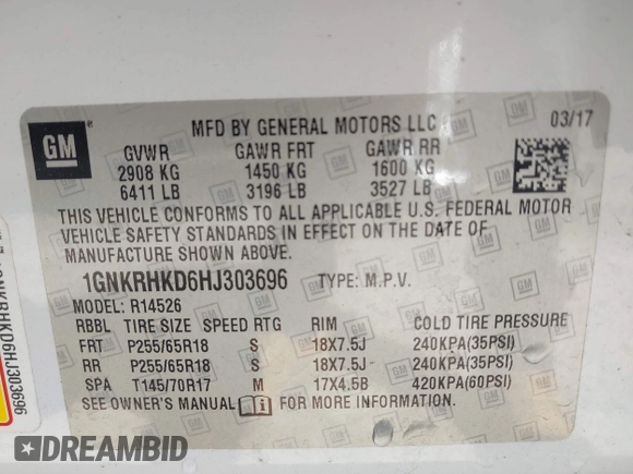 2017 Chevrolet Traverse LT with VIN 1GNKRHKD6HJ303696, listed as a IAAI auction lot 41989182 with 35,699 mi miles and . Bid and sale history available at DreamBid. Image 9.