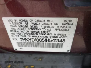 2001 Acura MDX Touring Pkg with VIN 2HNYD18851H541348, listed as a IAAI auction lot 42100858 with 320,332 mi miles. Bid and sale history available at carsss.com. Image 9.