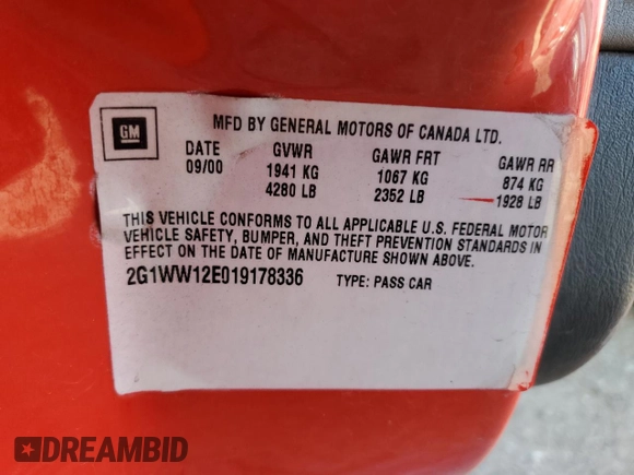 2001 Chevrolet Monte Carlo LS с VIN 2G1WW12E019178336, выставлен на аукционе Copart как лот 81360664 с пробегом 159 290 миль миль и Списание • Salvage title. История ставок и продаж доступна на DreamBid. Изображение 12.