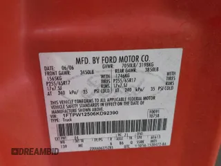2006 Ford F-150 XLT with VIN 1FTPW12506KD92390, listed as a Copart auction lot 58854425 with Not provided miles and Salvage title. Bid and sale history available at DreamBid. Image 12.