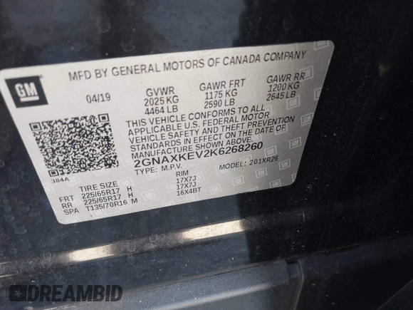2019 Chevrolet Equinox LT with VIN 2GNAXKEV2K6268260, listed as a IAAI auction lot 41836961 with 37,848 mi miles and . Bid and sale history available at DreamBid. Image 9.