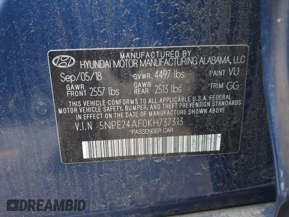 2019 Hyundai Sonata SE with VIN 5NPE24AF0KH737313, listed as a IAAI auction lot 41618811 with 104,822 mi miles and . Bid and sale history available at carsss.com. Image 9.