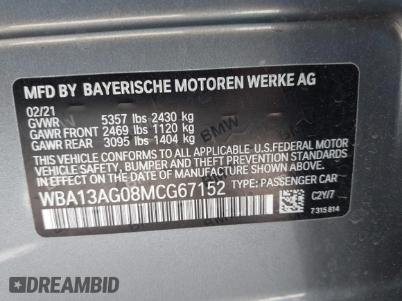 2021 BMW 5 Series 530e with VIN WBA13AG08MCG67152, listed as a IAAI auction lot 42619409 with 42,705 mi miles and . Bid and sale history available at DreamBid. Image 9.