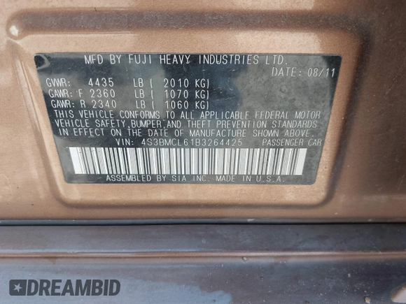 2011 Subaru Legacy Limited Power Moon с VIN 4S3BMCL61B3264425, выставлен на аукционе IAAI как лот 42494483 с пробегом 186 546 миль миль и . История ставок и продаж доступна на DreamBid. Изображение 9.