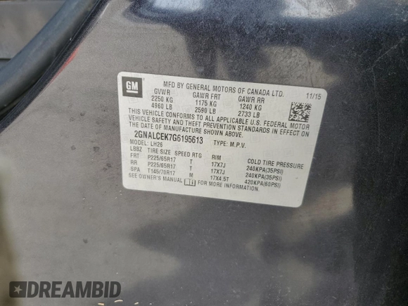 2016 Chevrolet Equinox LT with VIN 2GNALCEK7G6195613, listed as a Copart auction lot 45938145 with 105,522 mi miles and Salvage Title. Bid and sale history available at carsss.com. Image 14.