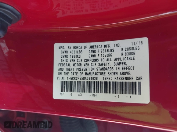 2016 Honda Accord Sport с VIN 1HGCR2F55GA064638, выставлен на аукционе IAAI как лот 42274480 с пробегом 128 753 миль миль и . История ставок и продаж доступна на DreamBid. Изображение 9.