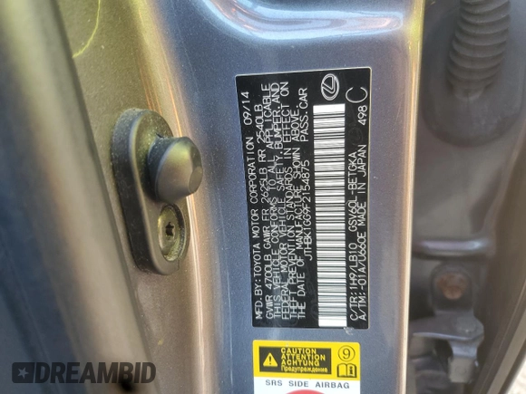 2015 Lexus ES 330 with VIN JTHBK1GG9F2154875, listed as a Copart auction lot 61097595 with 97,601 mi miles and Salvage title. Bid and sale history available at DreamBid. Image 12.