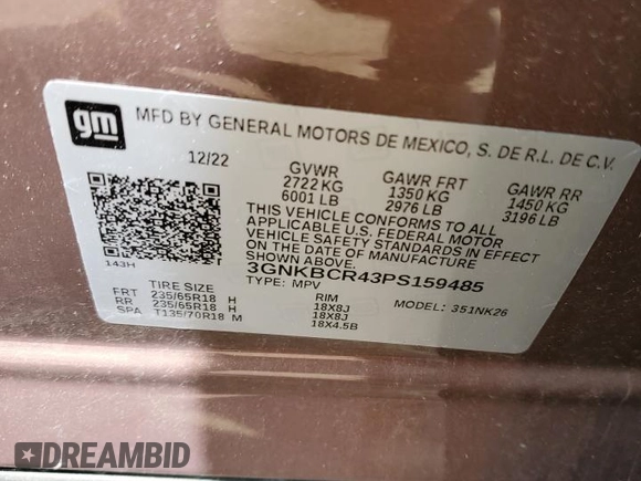 2023 Chevrolet Blazer LT с VIN 3GNKBCR43PS159485, выставлен на аукционе Copart как лот 54004735 с пробегом Не указан миль и Списание • Salvage title. История ставок и продаж доступна на DreamBid. Изображение 12.
