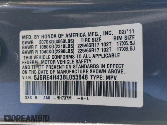 2011 Honda CR-V SE with VIN 5J6RE4H43BL053648, listed as a IAAI auction lot 41895942 with 186,869 mi miles. Bid and sale history available at carsss.com. Image 9.